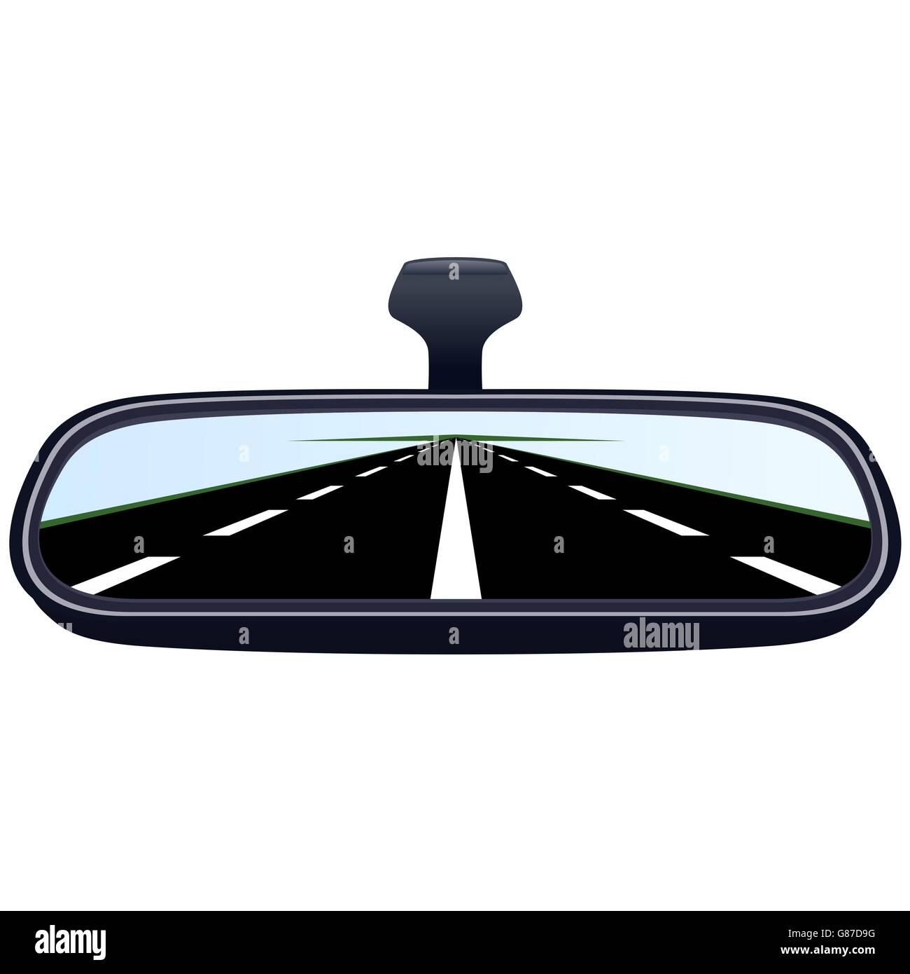 Reflection of the highway in a car mirror. The illustration on a white