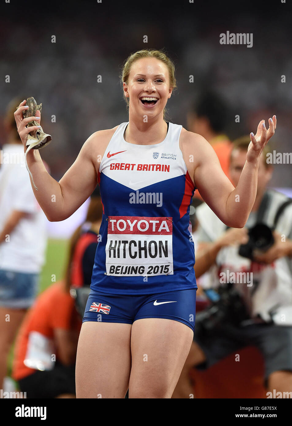 Great Britain's Sophie Hitchon smiles after her throw in the Women's