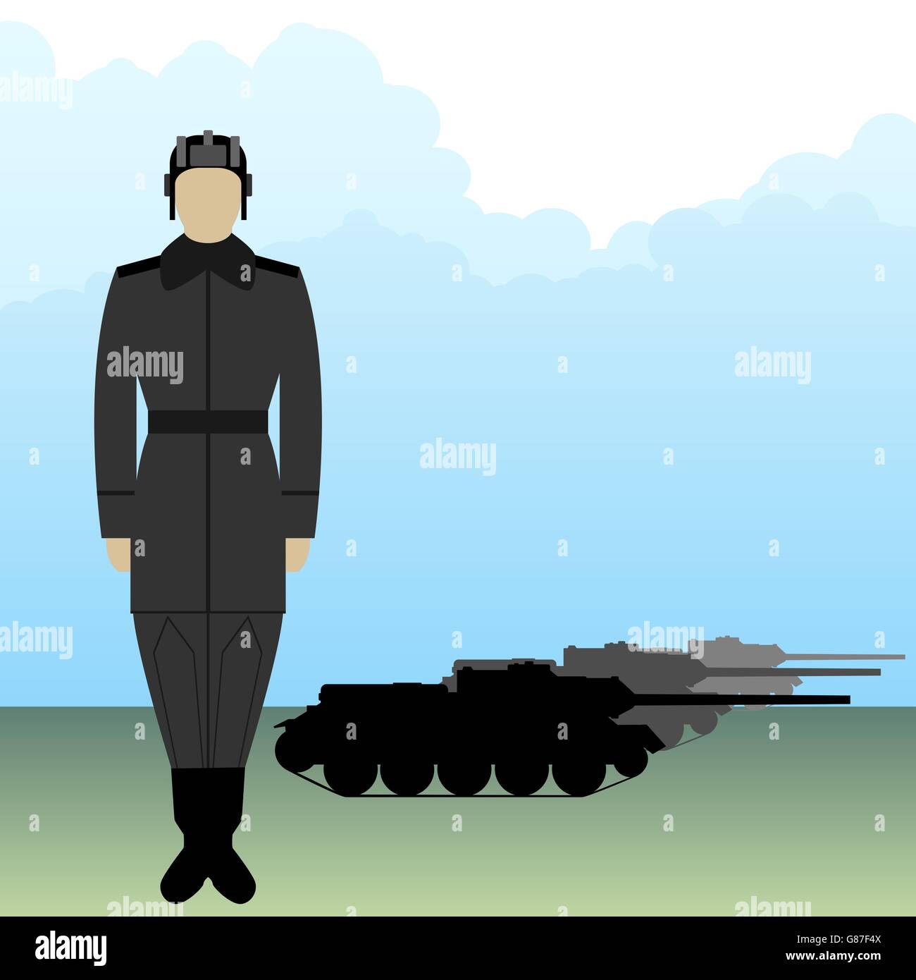 Soldier in uniform tanker on a background of armored vehicles. The illustration on a white background. Stock Photo