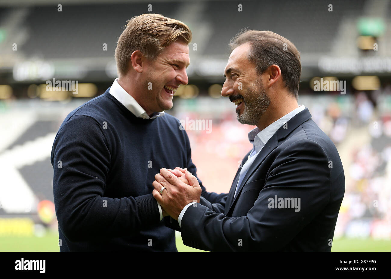 Milton Keynes Dons manager Karl Robinson and Chairman Of Wimbledon FC Charles Koppel before the game Stock Photo