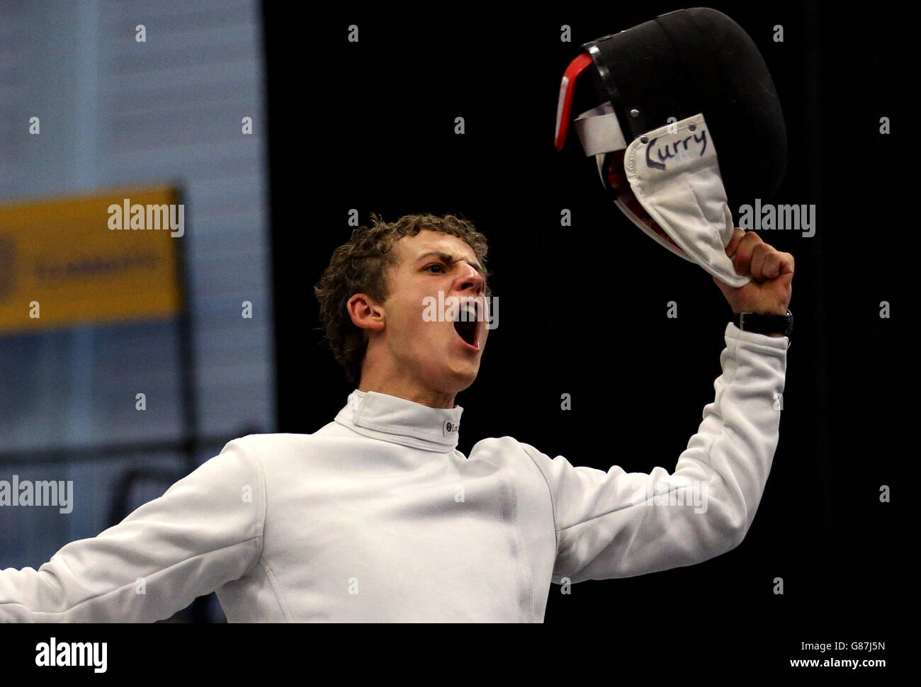 Great Britain's Sam Curry celebrates a win in the Fencing during day two of the European Modern Pentathlon Championships at the University of Bath. Stock Photo