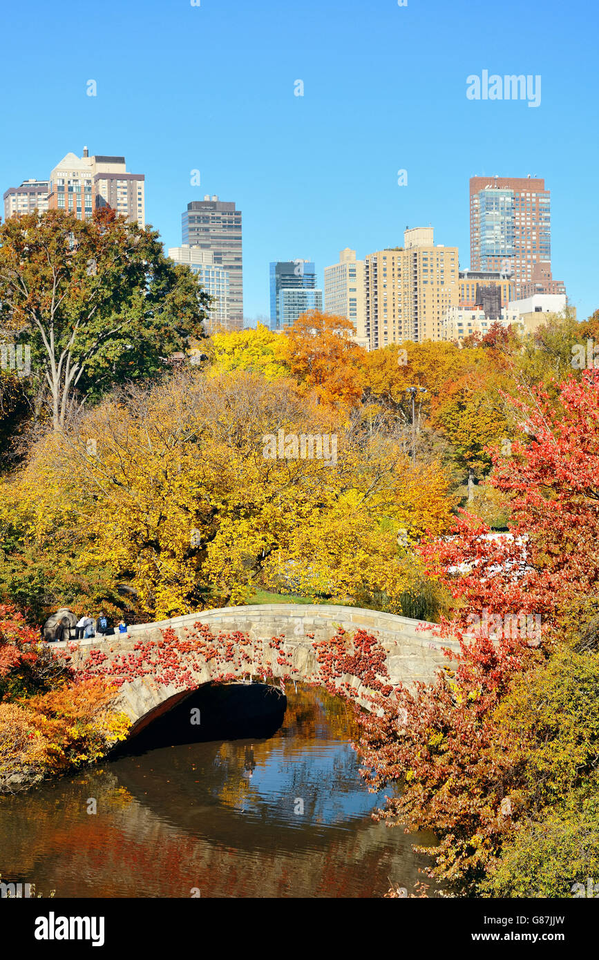 Manhattan Central Park with bridge and skyscraper in Autumn in New York City Stock Photo