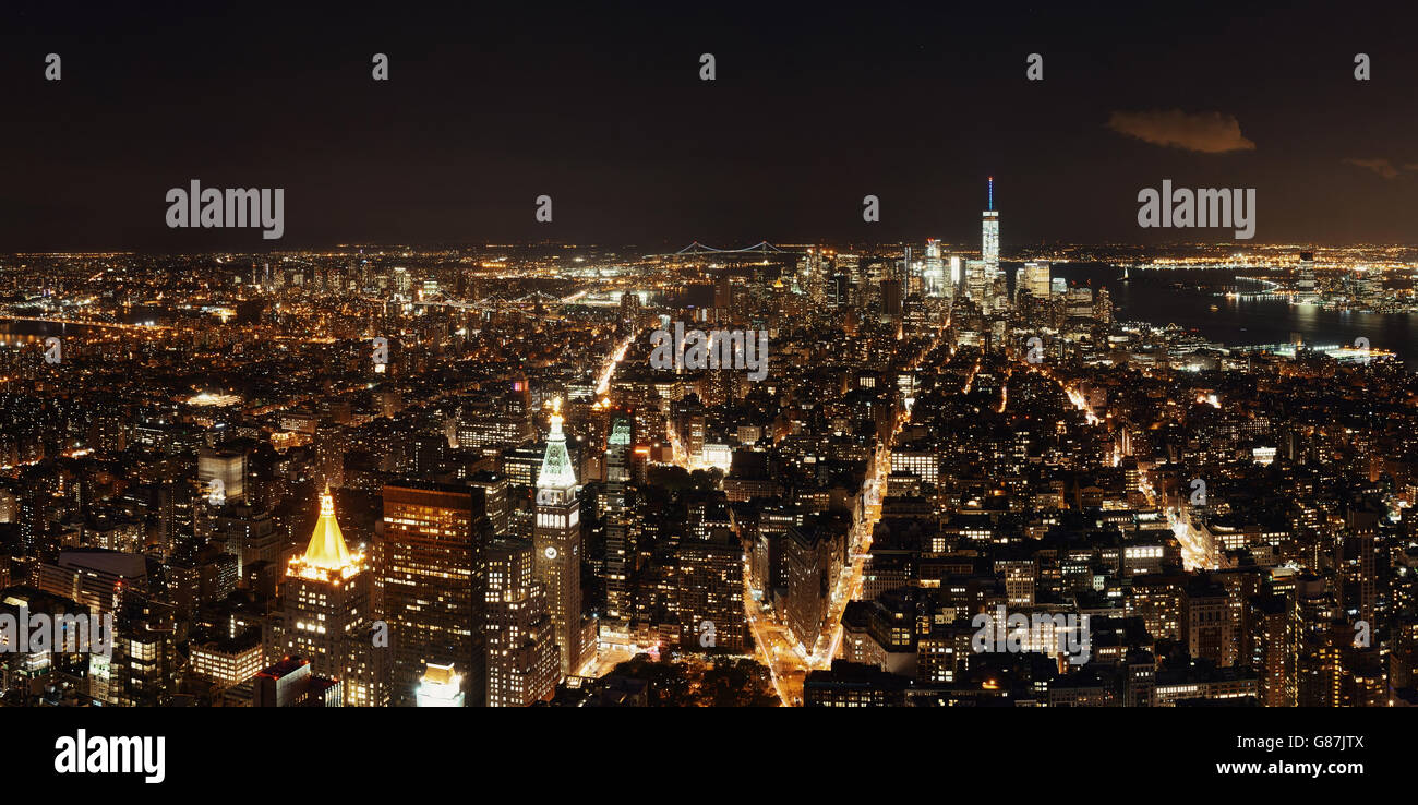 New York City downtown skyline panorama night view Stock Photo - Alamy