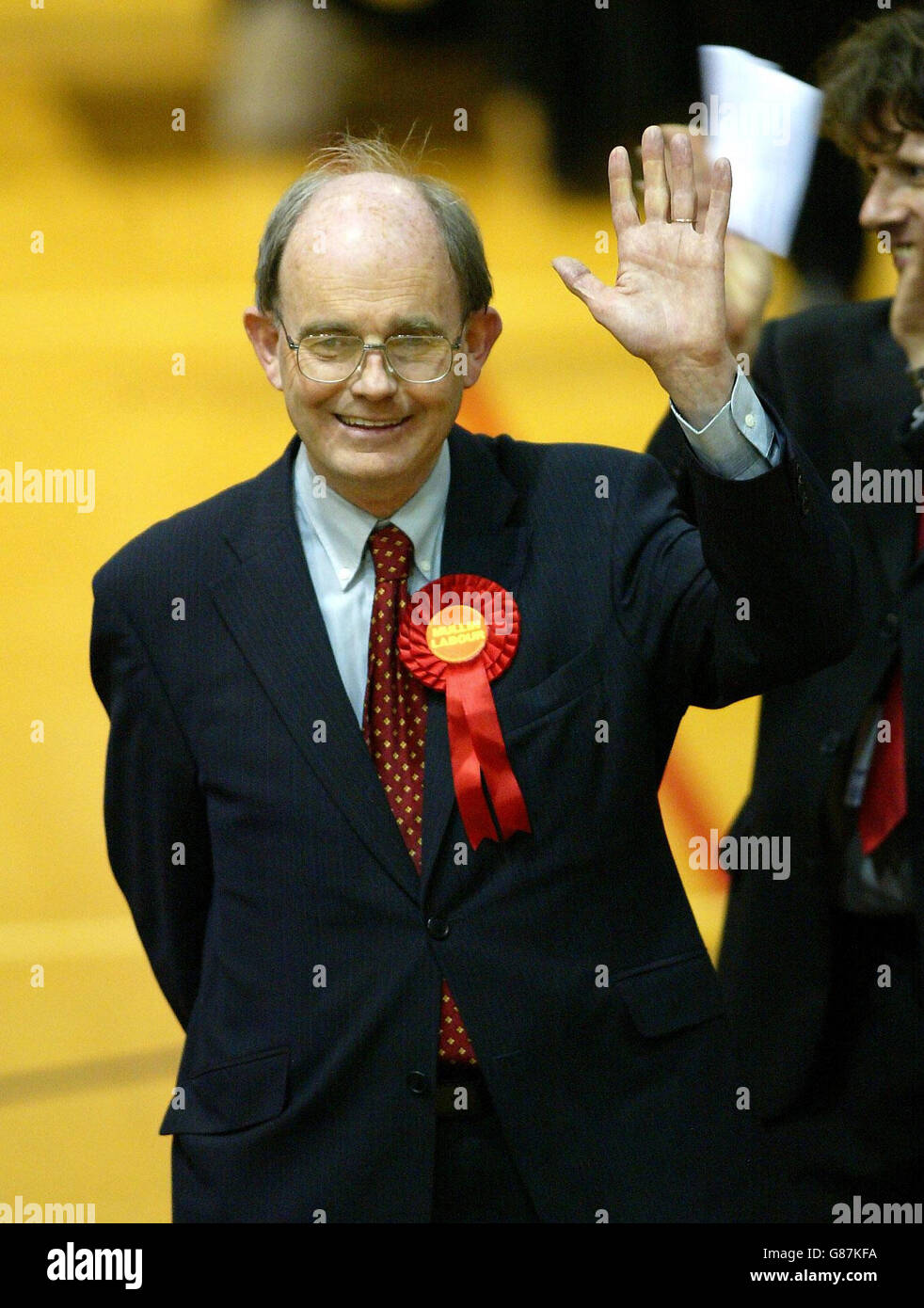 Christopher John Mullin, celebrates taking the seat of Sunderland South, with a majority 13,667, after the count at Crowtree Leisure Centre. Stock Photo
