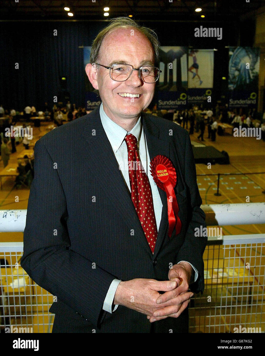 Labour candidate Christopher John Mullin celebrates taking the seat of Sunderland South, with a majority 13,667, after the count at Crowtree Leisure Centre. Stock Photo