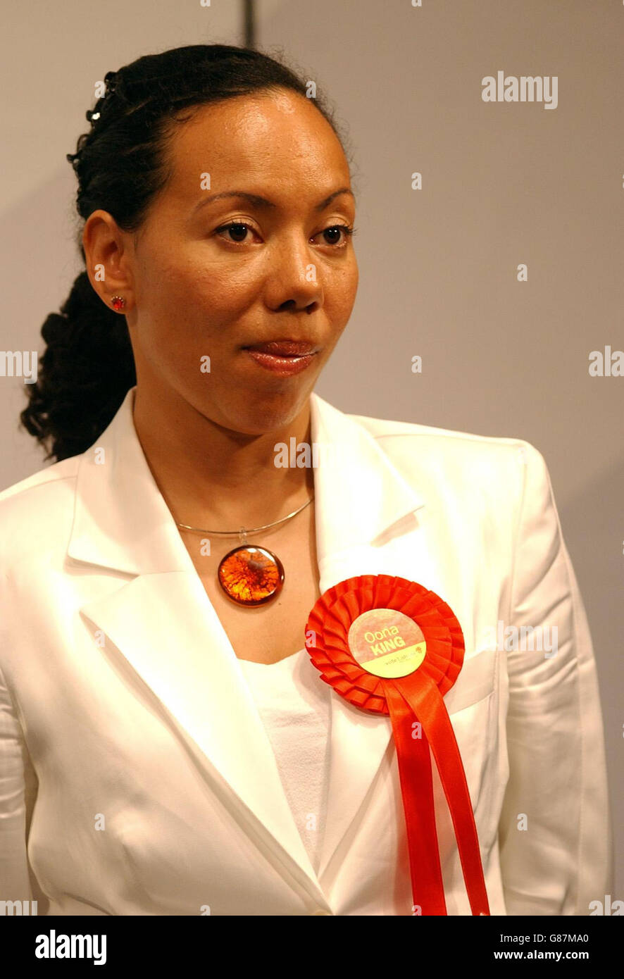 Labour candidate Oona King reacts after former Labour MP George Galloway was elected as MP for the Bethnal Green & Bow constituency at the East Winter Gardens, London. Galloway, standing as a Respect party candidate, beat previous Labour MP Oona King for the seat which had been held by Labour since 1945. Stock Photo