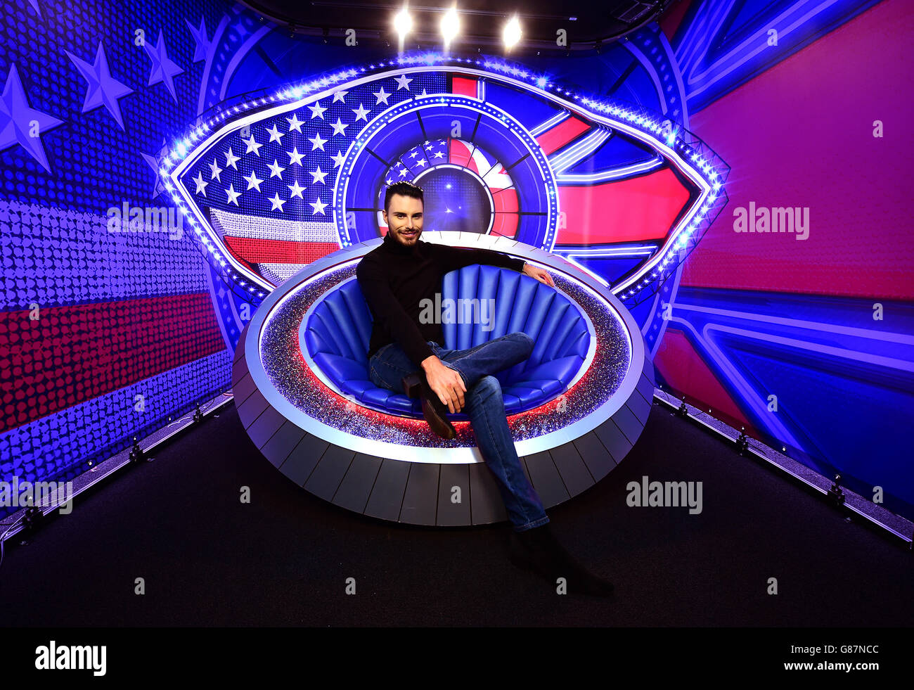 Presenter Rylan Clark in the diary room of the new look Big Brother