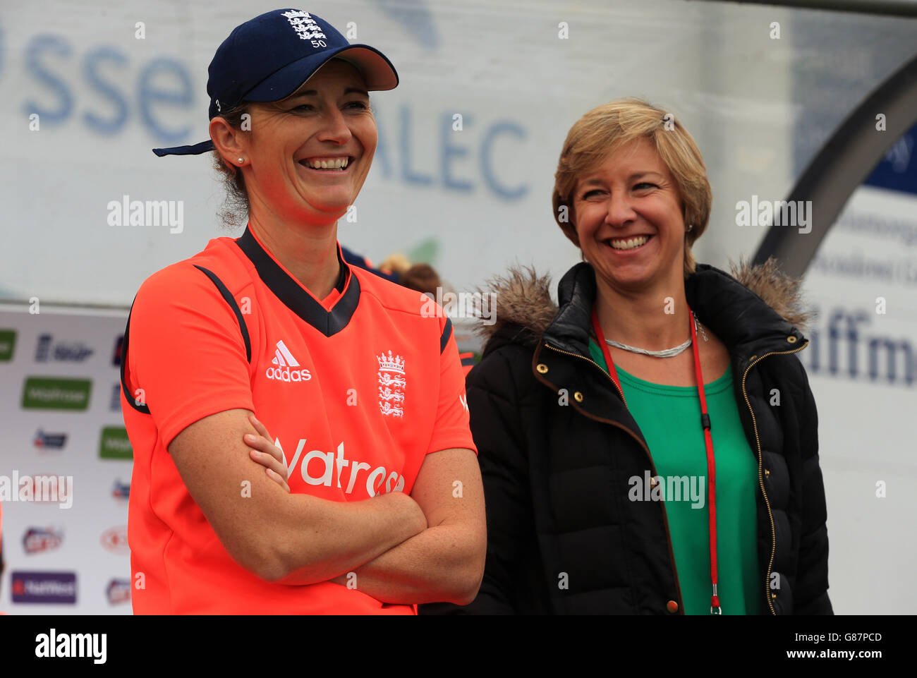 England captain Charlotte Edwards with Clare Connor ECB director of Women's cricket (right) during the third Twenty20 match of the Women's Ashes series at The SWALEC Stadium, Cardiff. Stock Photo