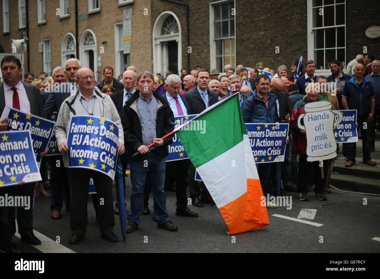Hundreds of farmers take part in a protest over falling incomes outside the European Commission's office in central Dublin. Stock Photo