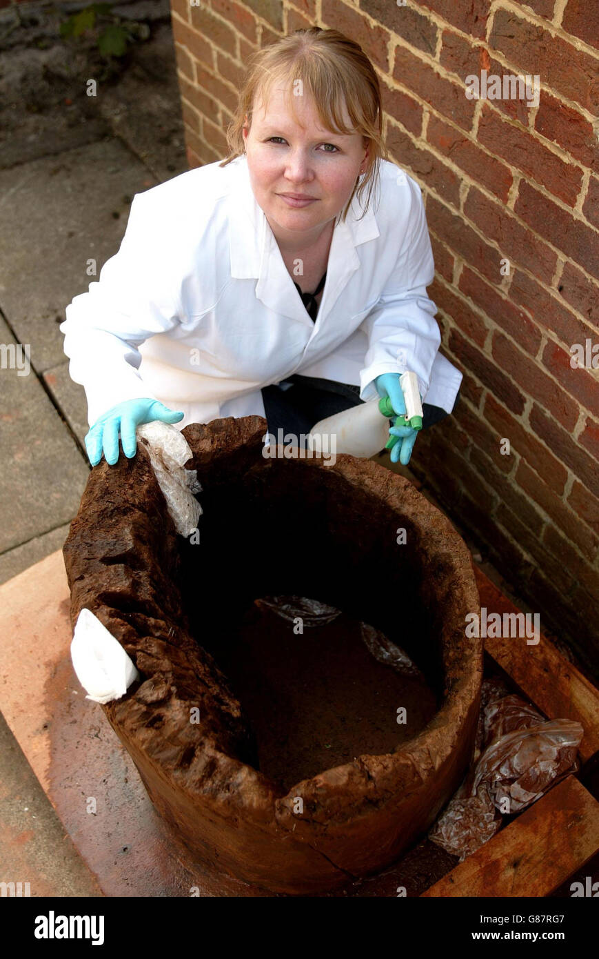 Helen Wilmot of the Wiltshire Conservation Centre, Salisbury with the hollow tree trunk in which a 2,000 year old shoe was discovered at Whiteball quarry, near Wellington. Dating from the Iron Age, and said to be the equivalent of a size 10, the shoe has visible stitch and lace holes. Stock Photo