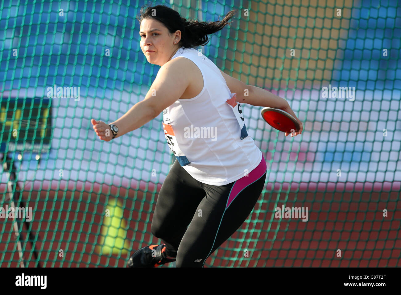 Sport - Sainsbury's 2015 School Games - Day Two - Manchester. England South East's Sophie Mace competes in the girls discus at the Sainsbury's 2015 School Games at the Manchester Regional Arena. Stock Photo