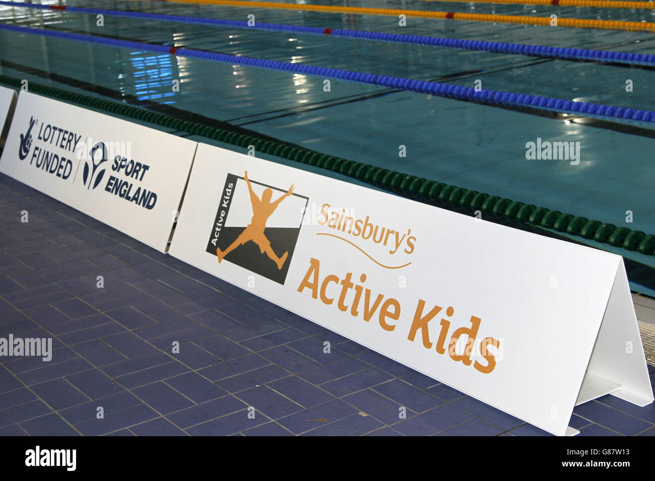 General view of Sainsbury's Active Kids branding at the Sainsbury's 2015 School Games at the Manchester Aquatics Centre. Stock Photo