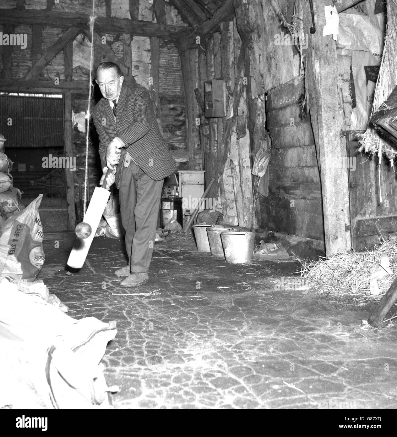 Farmer John Cobbald, 77, from Stonham Aspal, who is Suffolk's oldest opening batsman. Here he is practising for the forthcoming season using a ball suspended from a string in his barn. Stock Photo