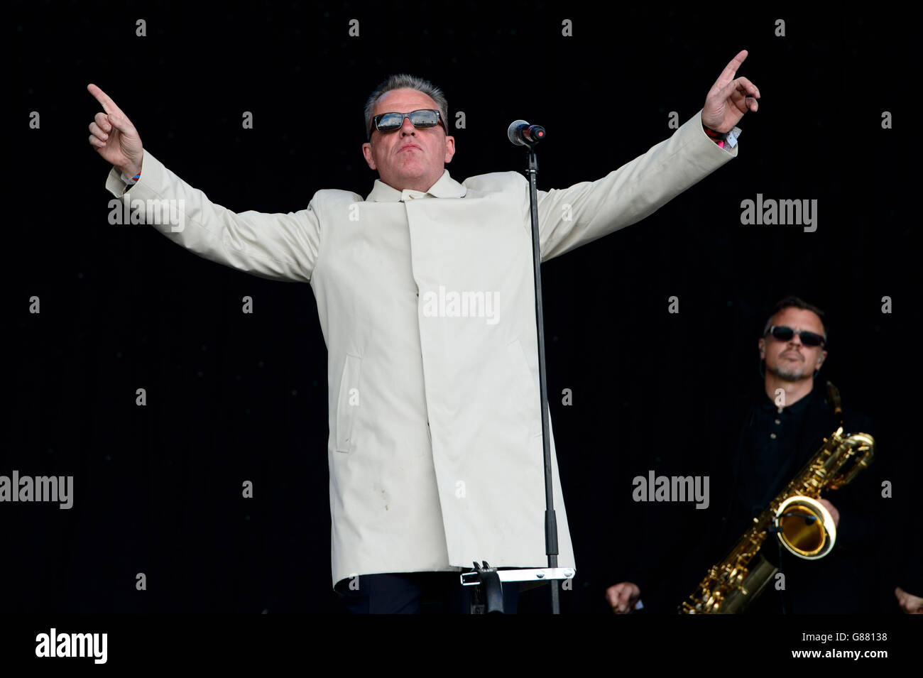 Suggs from Madness performs at the Glastonbury music festival Stock Photo