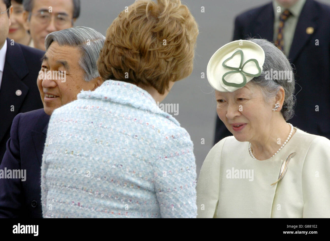 Japan's Empress Michiko is welcomed by President Mary McAleese at grounds of the Irish President's Residence. Stock Photo