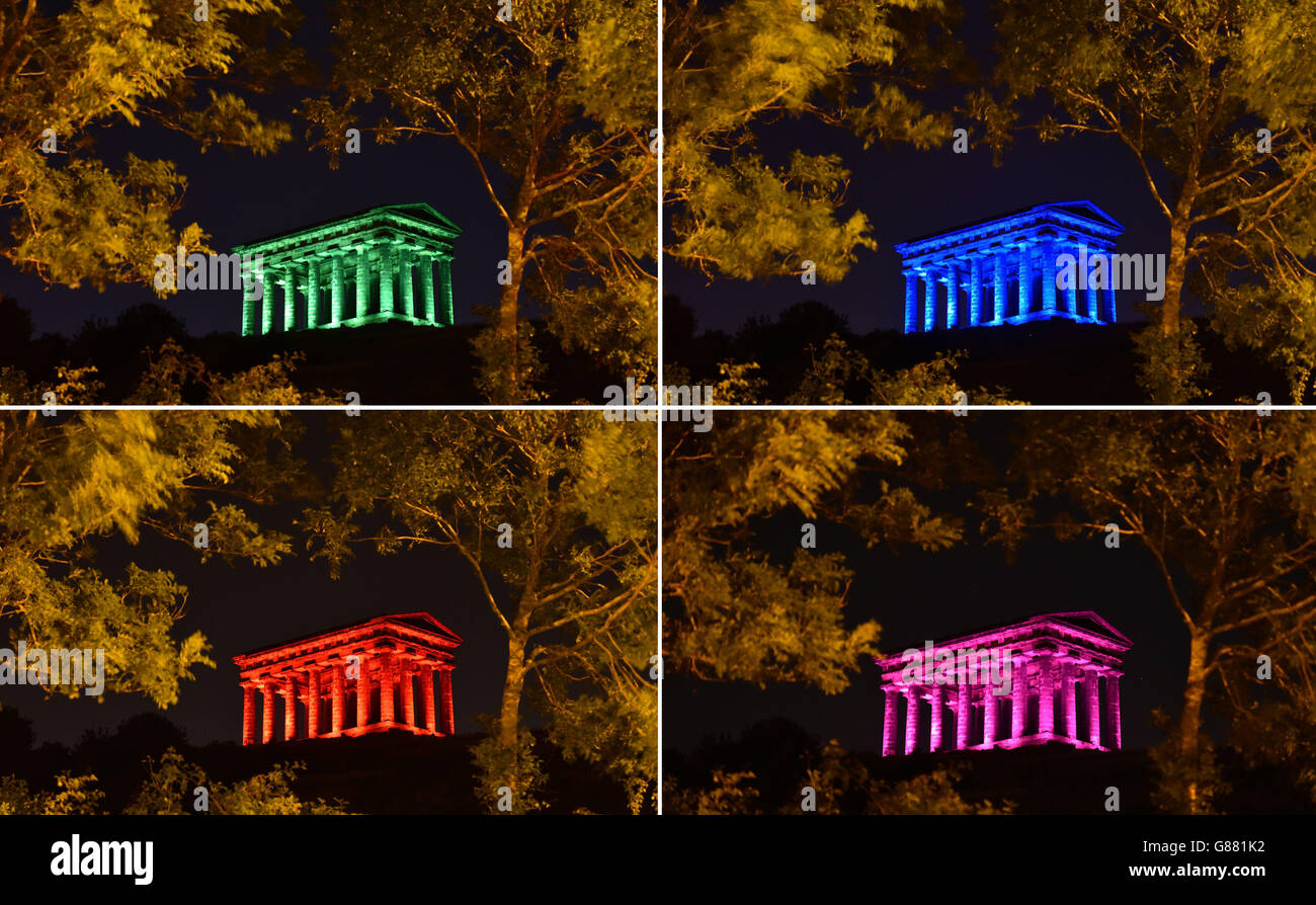A composite showing the lighting changes of the Penshaw Monument in Sunderland, a 70 foot high folly, a replica of the Temple of Hephaestus, in Athens, Greece and which stands at 136 metres (more than 400ft) above sea level, is lit by new hi-tech LED flood lighting and monitored by a new CCTV system, the £43,000 of investment will reduce energy costs by up to 80 per cent and save around £8,000 a year in running costs. Stock Photo