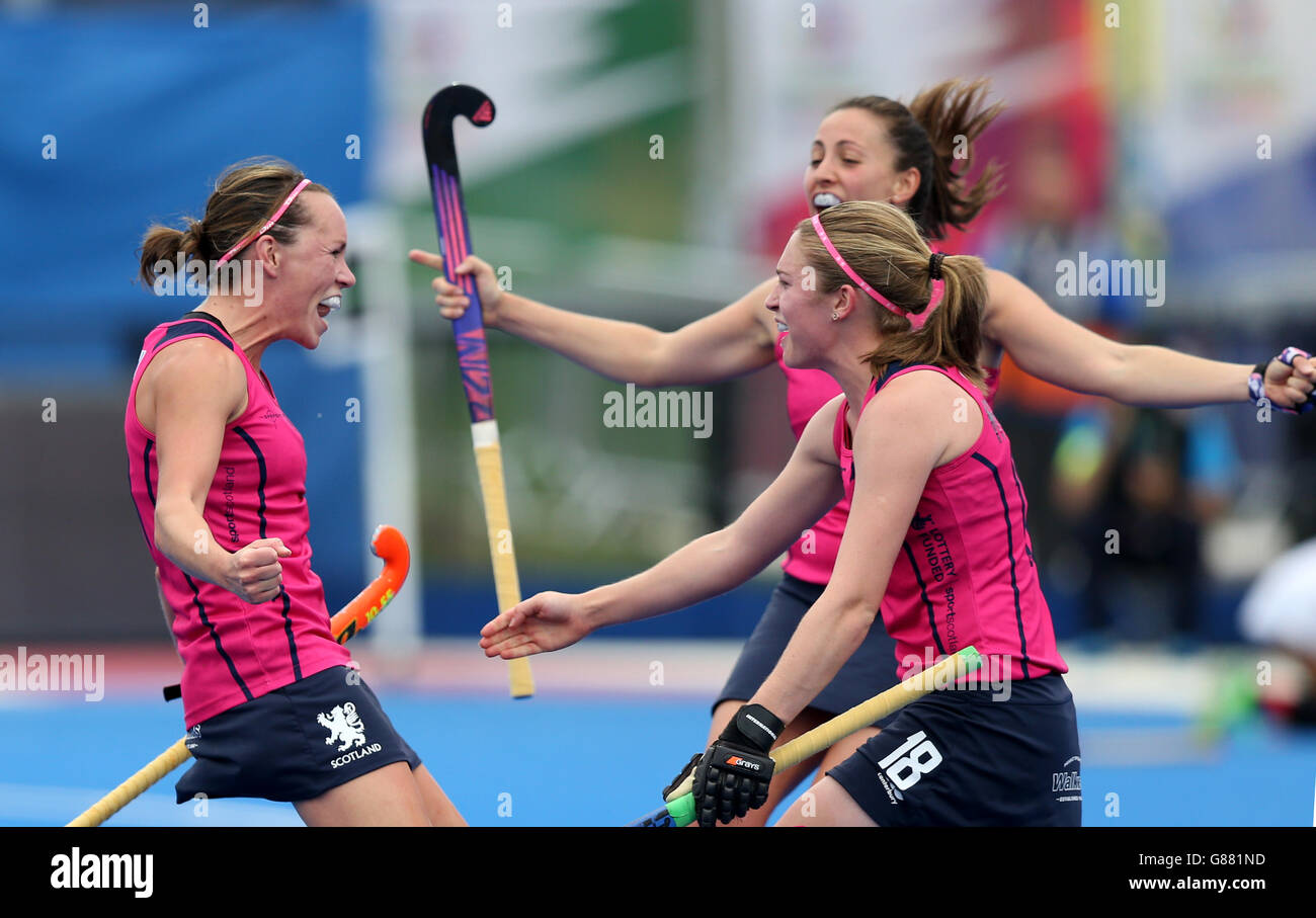 Scotland's Nikki Kidd (left) celebrates scoring her side's first goal of the game during the Pool C Classification match at the Lee Valley Hockey and Tennis Centre, London. PRESS ASSOCIATION Photo. Picture date: Sunday August 30, 2015. Photo credit should read: Simon Cooper/PA Wire Stock Photo