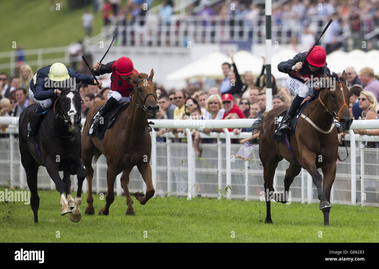 Royal Toast ridden by Cam Hardie (right) leads the field home to win the Harwoods Group Stakes Race run during day two of the Bank Holiday Weekend at Goodwood Racecourse. Stock Photo