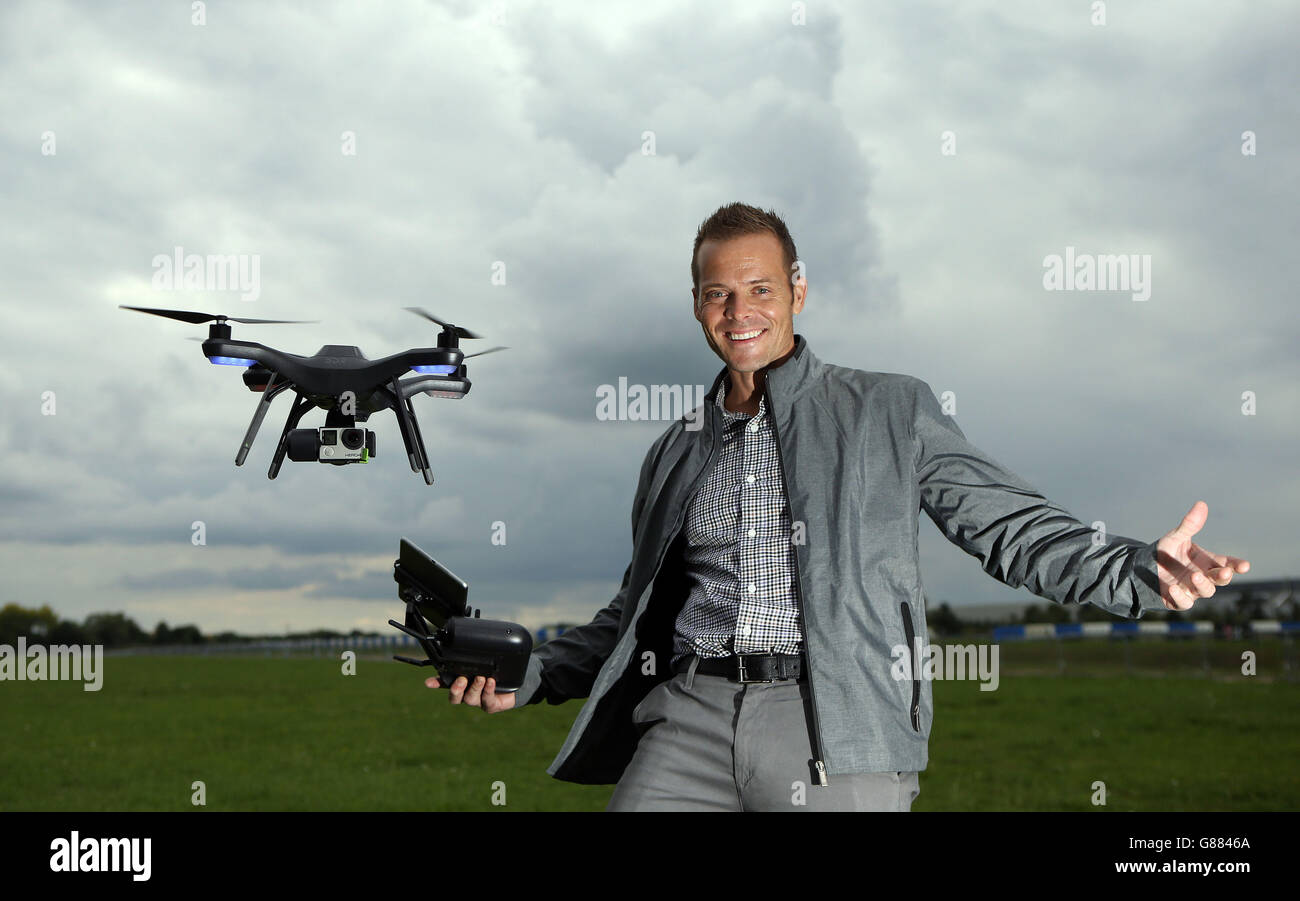 Chief Revenue Officer at 3D Robotics Colin Guinn with the new 3DR Solo drone during its UK launch at Mercedes Benz World in Weybridge, Surrey. Stock Photo