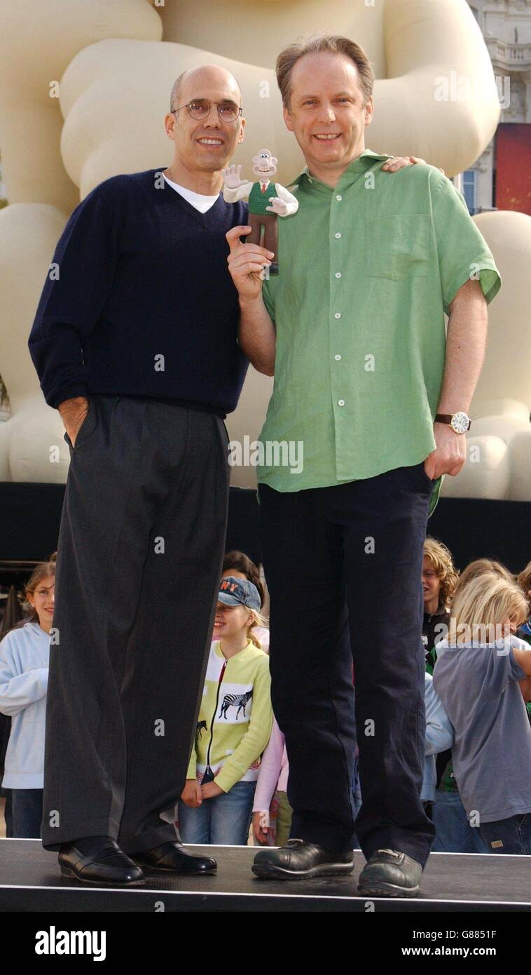 Jeffrey Katzenberg, co-founder of SKG Dreamworks, and Nick Park attend a photocall to launch their new Wallace and Gromit , full-length animated movie 'The Curse Of The Were-Rabbit'. Stock Photo