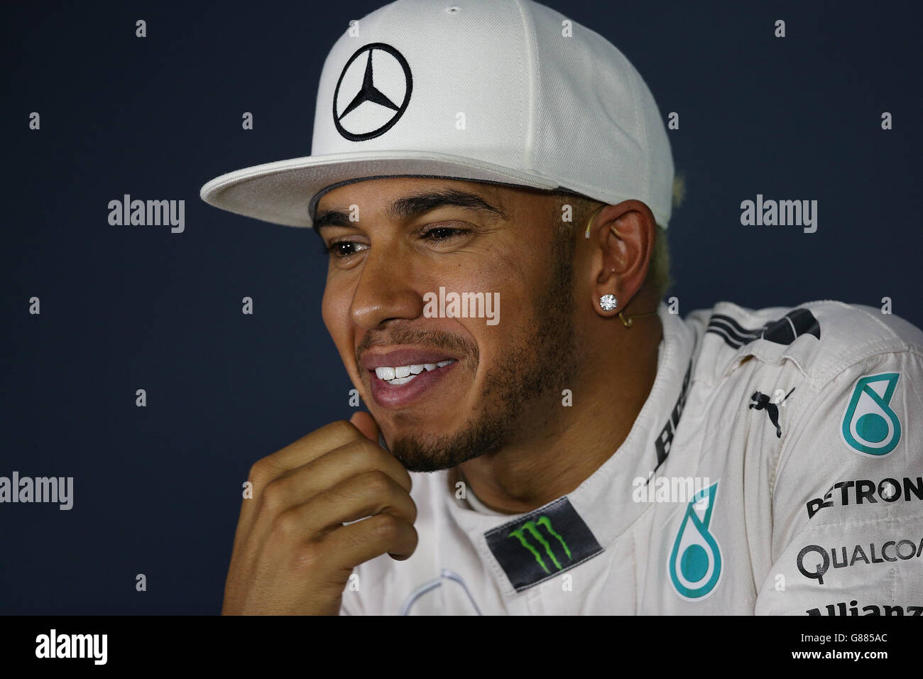 Motor Racing - Formula One World Championship - 2015 Italian Grand Prix - Qualifying Day - Monza Circuit. Mercedes Lewis Hamilton during a press conference after qualifying pole for the 2015 Italian Grand Prix at Monza, Italy. Stock Photo
