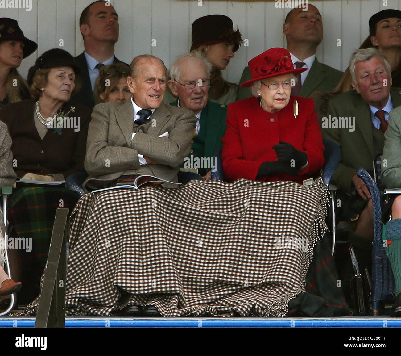 The Duke of Edinburgh and The Games' patron Queen Elizabeth II during the Braemar Royal Highland Gathering held a short distance from the royals' summer retreat at the Balmoral estate in Aberdeenshire. Stock Photo