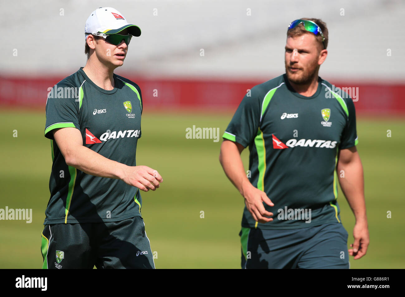 Cricket - Royal London One Day International Series - Third One Day International - England v Australia - Australia Nets Sess.... Australia's captain Steve Smith (left) with teammate Aaron Finch at The Emirates Old Trafford, Manchester. Stock Photo
