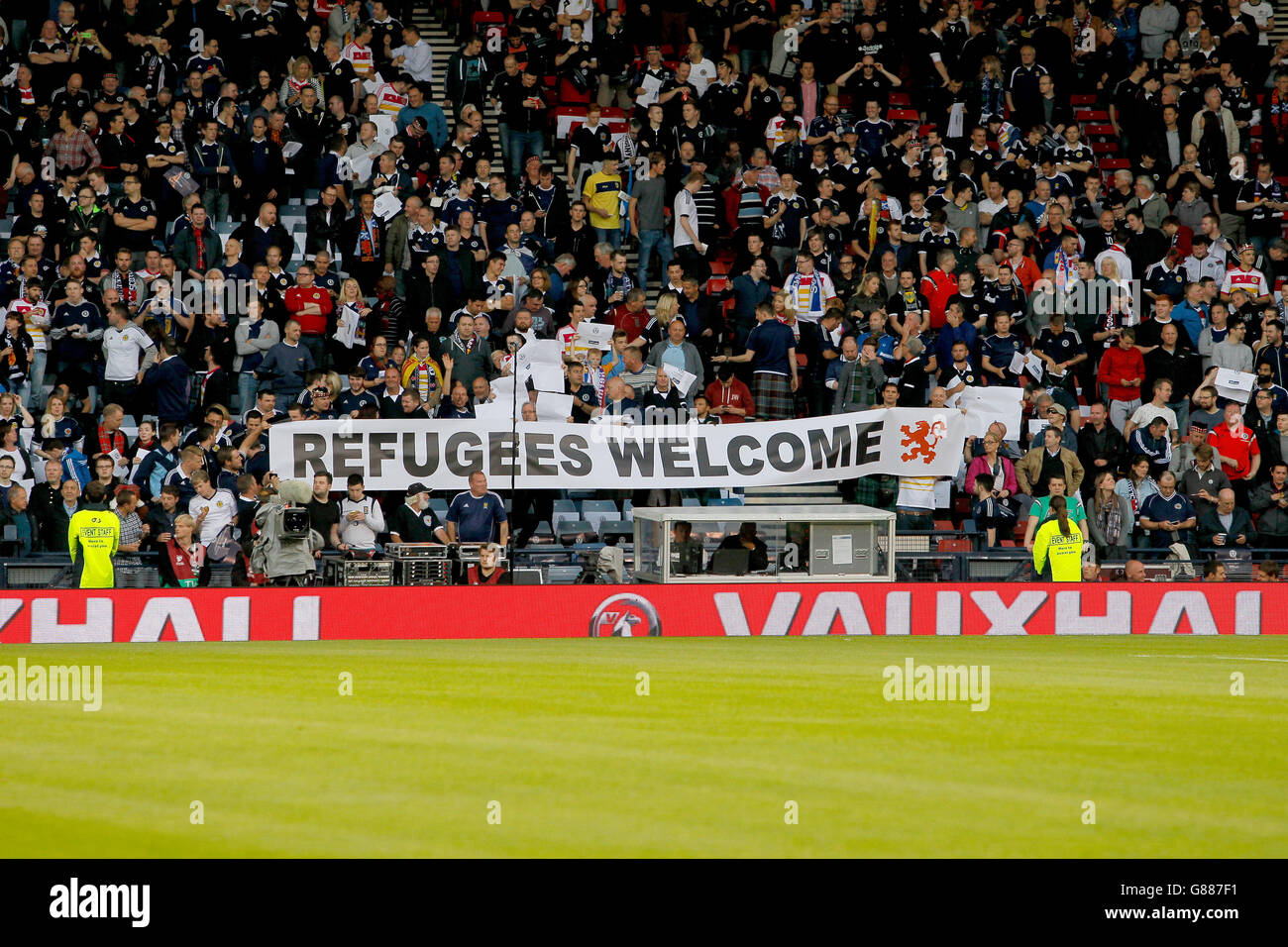 Soccer - UEFA Euro 2016 - Qualifying - Group D - Scotland v Germany - Hampden Park. Refugees Welcome banner in the stadium Stock Photo