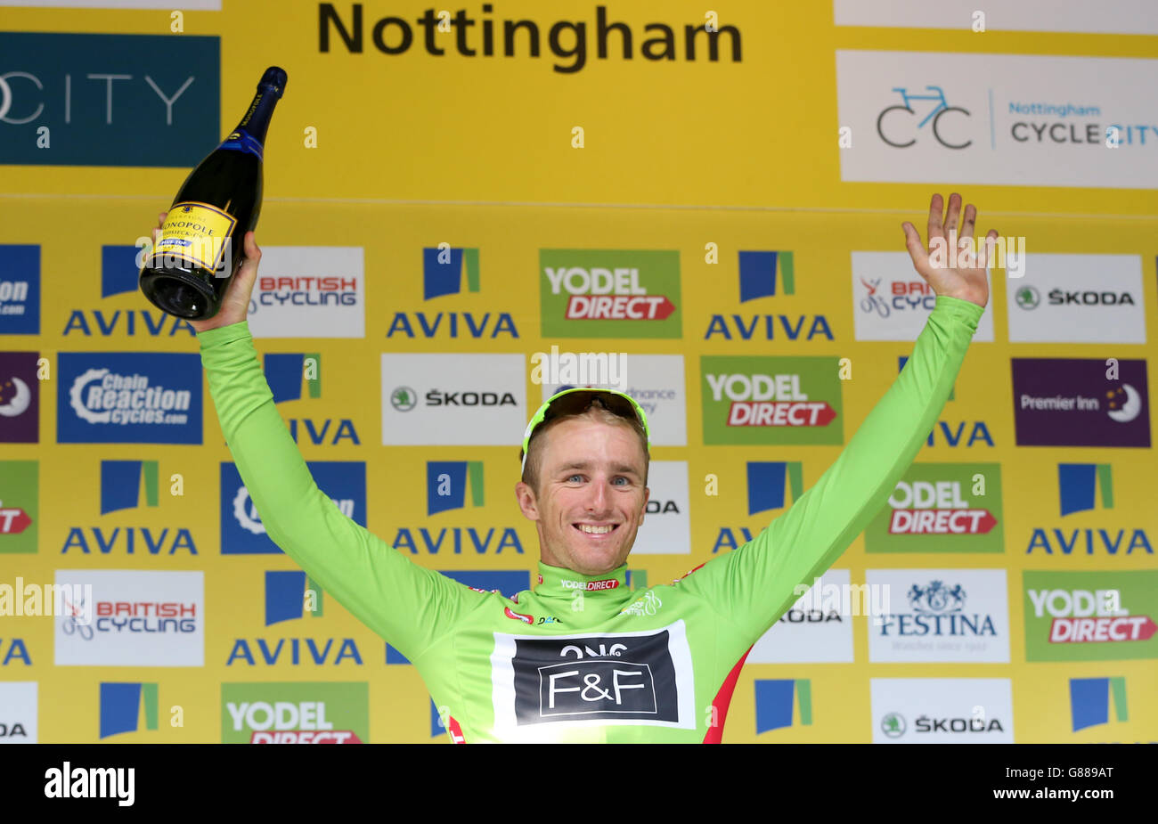 One Pro Cycling's Peter Williams celebrates taking the Sprint jersey after Stage Six of the Tour of Britain from Stoke-on-Trent to Nottingham. PRESS ASSOCIATION Photo. Picture date: Friday September 11, 2015. See PA story CYCLING Tour of Britain. Photo credit should read: Simon Cooper/PA Wire Stock Photo