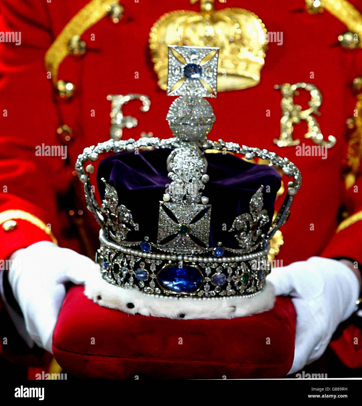 State Opening of Parliament - House of Lords. Queen Elizabeth II's crown leaves. Stock Photo