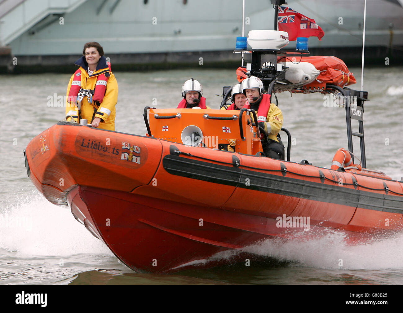 RNLI Lifeboat woman Aileen Jones of Porthcawl lifeboat station, who is the first woman in 116 years to receive an RNLI bravery award, on board a lifeboat on the River Thames. Stock Photo