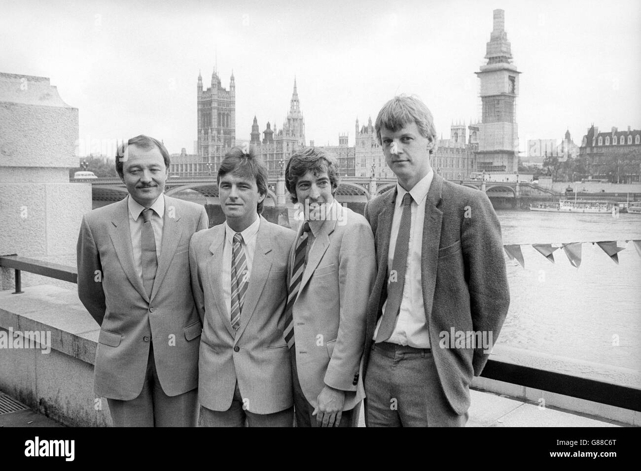 Greater London Council leader Ken Livingstone (l) and Labour colleagues John McDonnell (second left), Ken Little (second right) and Lewis Herbert in front of the Houses of Parliament when they resigned their seats on the council to force the GLC abolition issue. Stock Photo