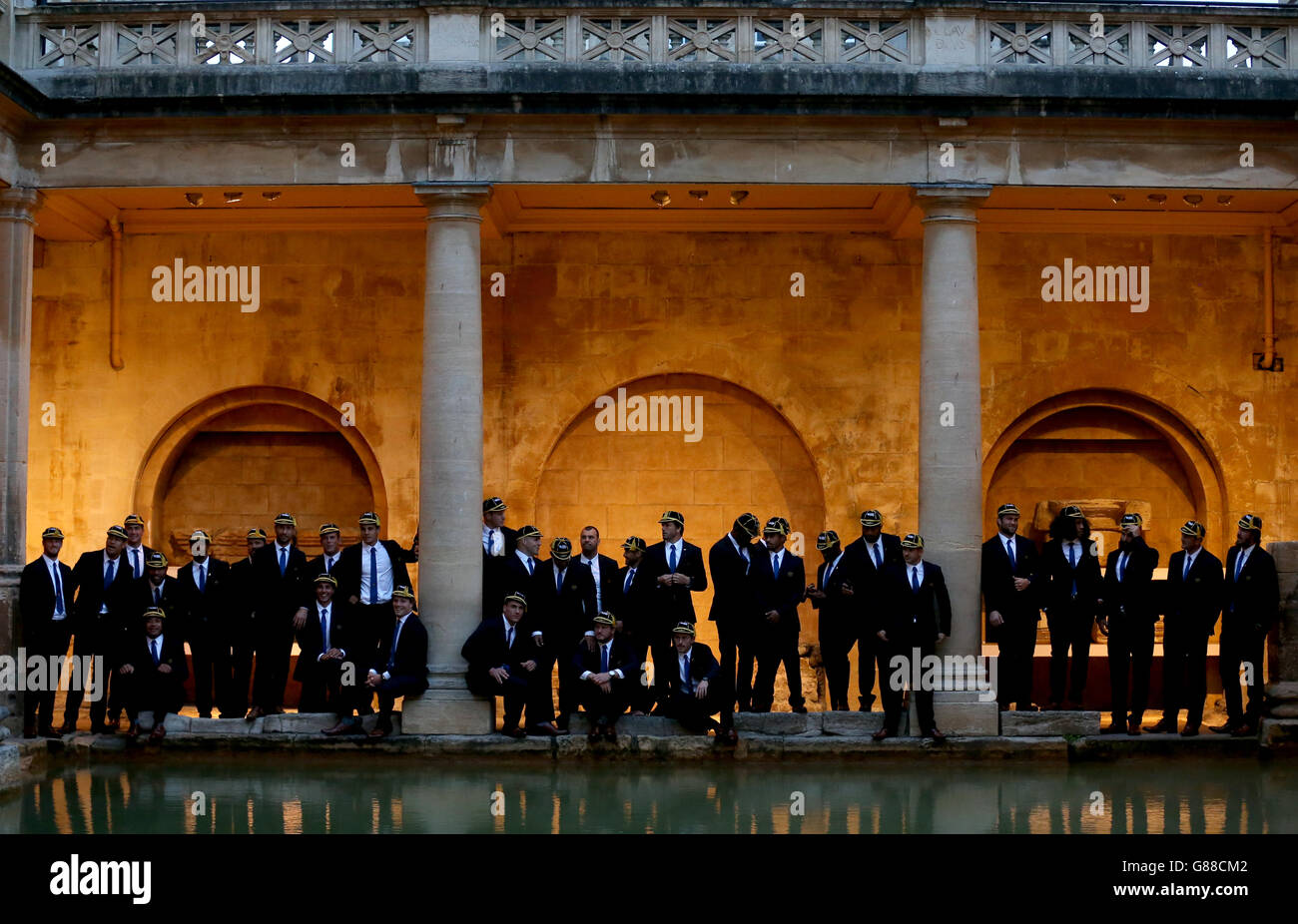 The Australia team pose for a photograph at the Baths after the welcome ceremony at The Assembly Rooms, Bath. Stock Photo