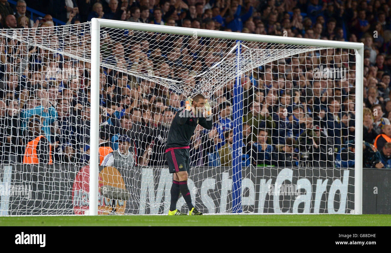 Maccabi Tel Aviv goalkeeper Predrag Rajkovic dejected after conceding a fourth goal during the UEFA Champions League match at Stamford Bridge, London. Stock Photo