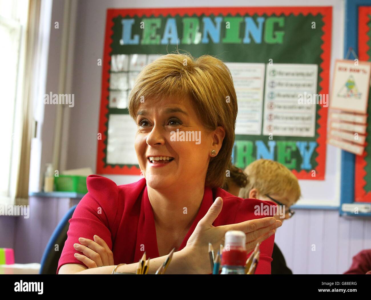 First Minister Nicola Sturgeon visits Craigentinny Primary School in Edinburgh to meet pupils taking part in active maths and active literacy lessons, as she prepares to set out how she plans to use new powers that are coming to Holyrood both 'creatively and ambitiously'. Stock Photo