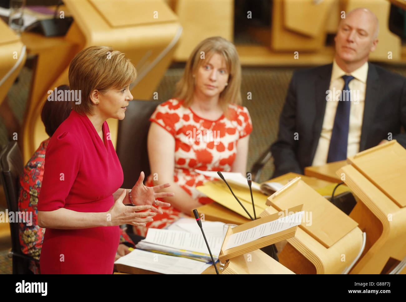First Minister Nicola Sturgeon (left) delivers a speech outlining her legislative programme for the coming year at the Scottish Parliament in Edinburgh. Stock Photo