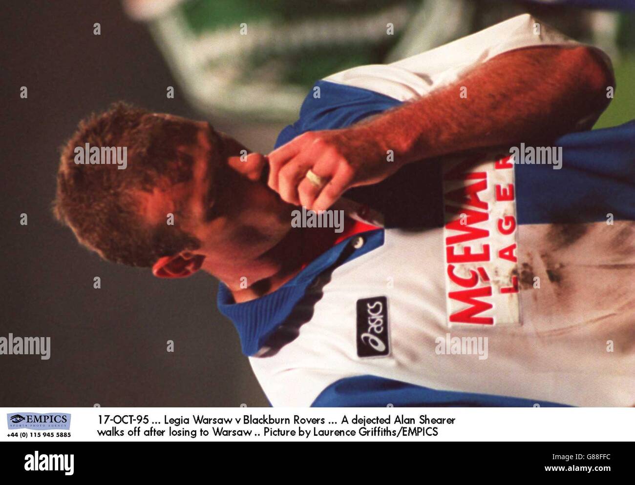 17-OCT-95. Legia Warsaw v Blackburn Rovers. A dejected Alan Shearer walks off after losing to Warsaw. Picture by Laurence Griffiths/EMPICS Stock Photo