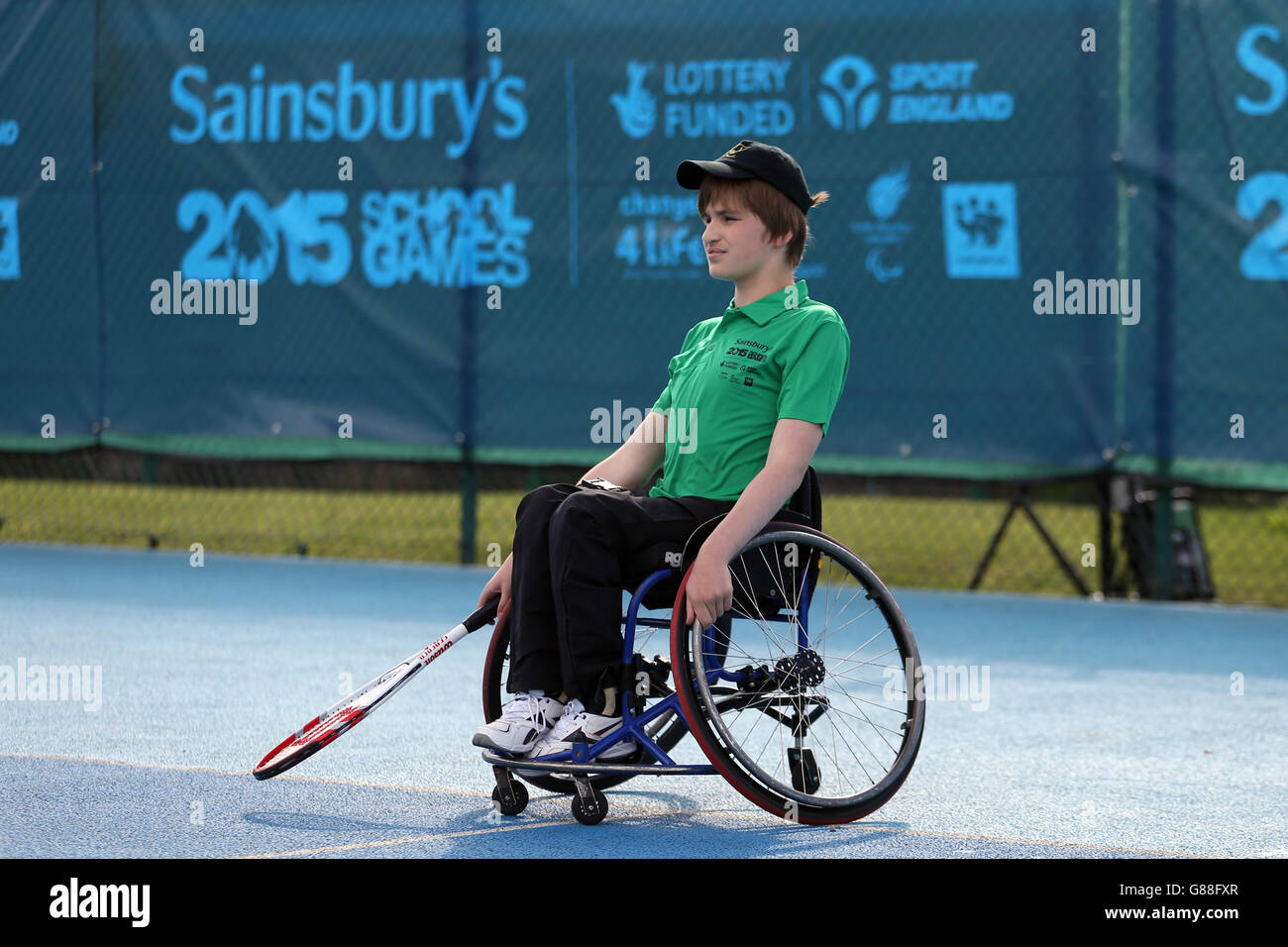 Sport - Sainsbury's 2015 School Games - Day Two - Manchester. Northern Ireland's Ross Gourley during the wheelchair tennis at the Sainsbury's 2015 School Games at the Regional Tennis Centre, Manchester. Stock Photo