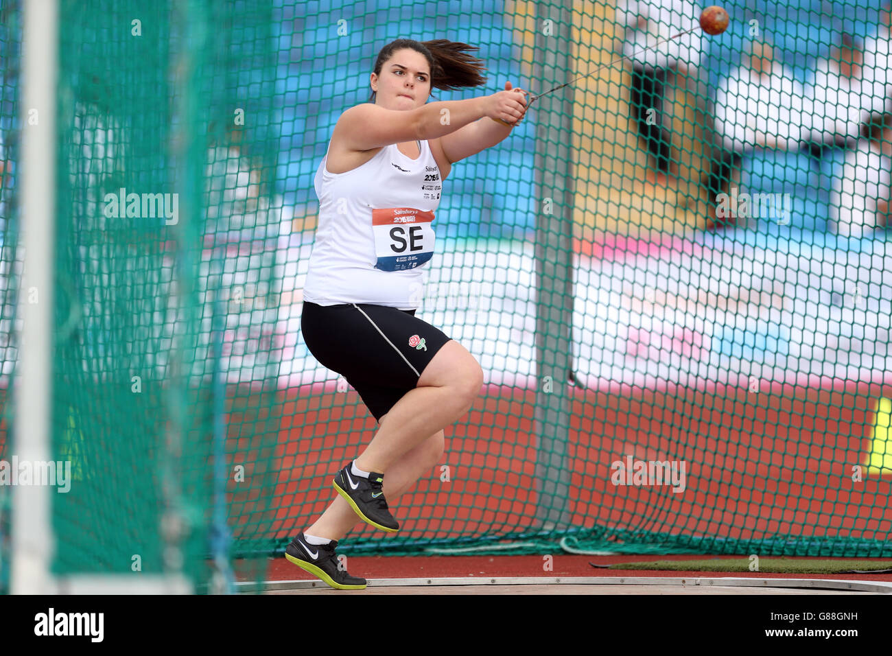 Katie Head takes part in the girls hammer throw at the Sainsbury's 2015