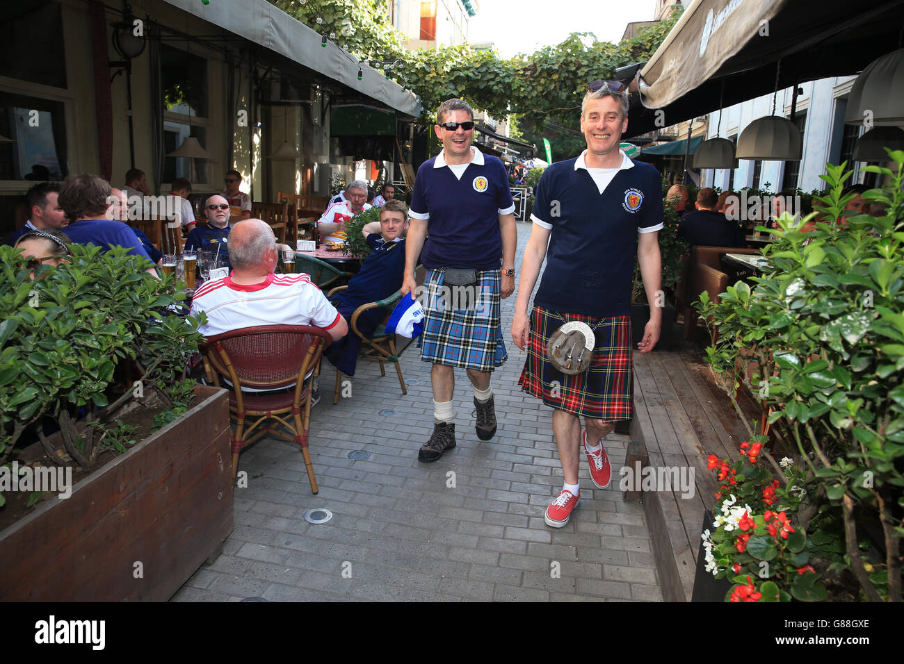 Scotland fans in bars and restaurants in Tbilisi prior to the UEFA European Championship Qualifying match at the Boris Paichadze Dinamo Arena, Tbilisi. Picture date: Friday September 4, 2015. See PA story SOCCER Georgia. Photo credit should read: Nick Potts/PA Wire. RESTRICTIONS: Use subject to restrictions. . Commercial use only with prior written consent of the Scottish FA. Call +44 (0)1158 447447 for further information. Stock Photo