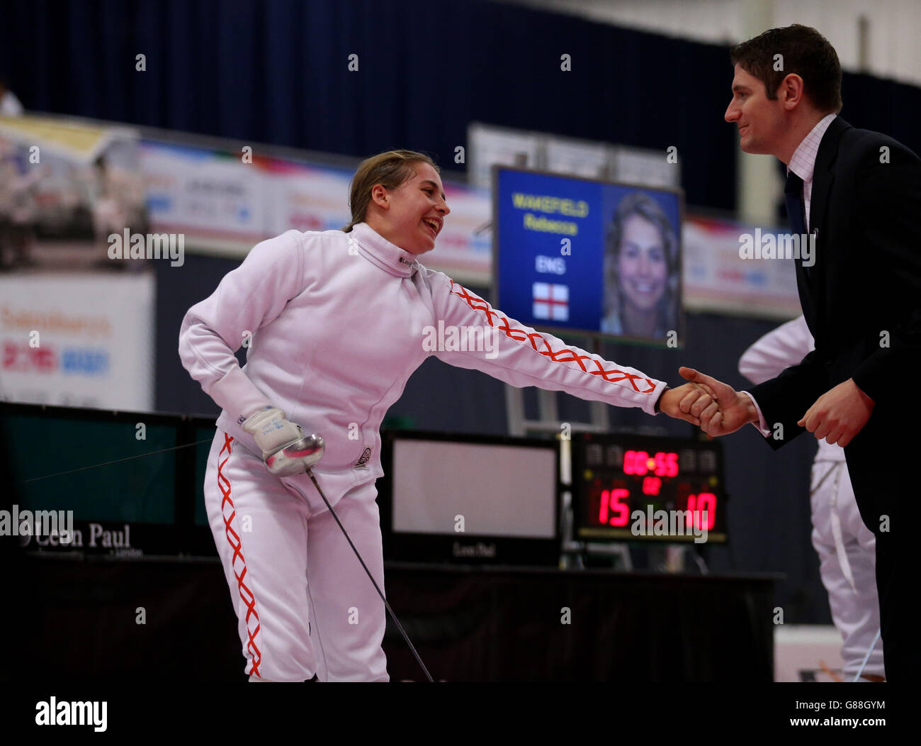 England's Danielle Lawson celebrates winning the Women's Epee Final at the Fencing during the Sainsbury's 2015 School Games in Manchester. PRESS ASSOCIATION Photo. Picture date: Saturday September 5, 2015. Photo credit should read: Steven Paston/PA Wire Stock Photo