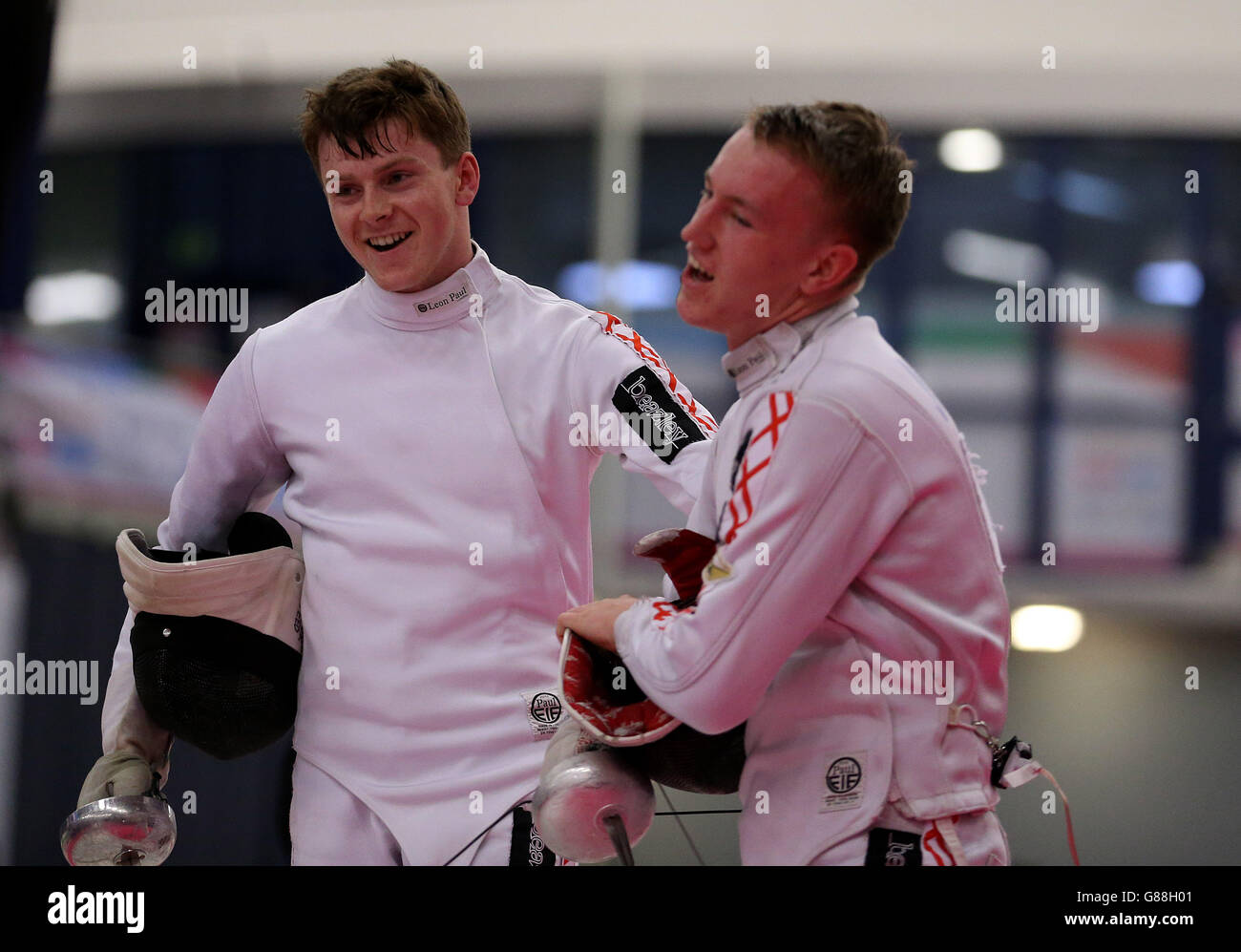 England's Oliver Steed (left) after beating fellow compatriot Owen Jordan in the Men's Epee Final at the Fencing during the Sainsbury's 2015 School Games in Manchester. PRESS ASSOCIATION Photo. Picture date: Saturday September 5, 2015. Photo credit should read: Steven Paston/PA Wire Stock Photo