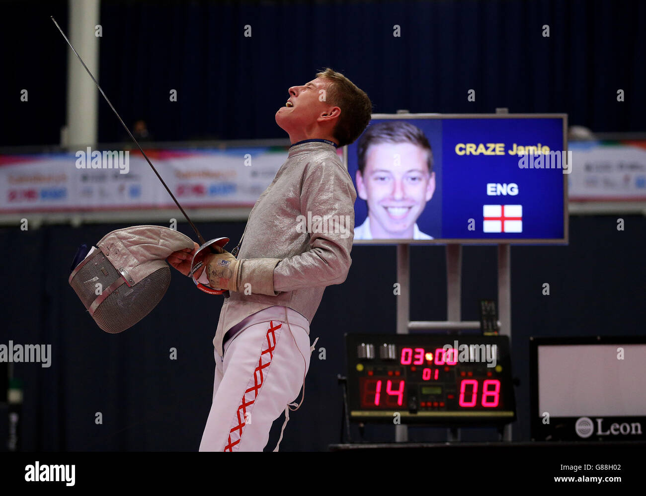 England's Jamie Craze celebrates winning the Men's Sabre Final at the fencing during the Sainsbury's 2015 School Games in Manchester. PRESS ASSOCIATION Photo. Picture date: Saturday September 5, 2015. Photo credit should read: Steven Paston/PA Wire Stock Photo