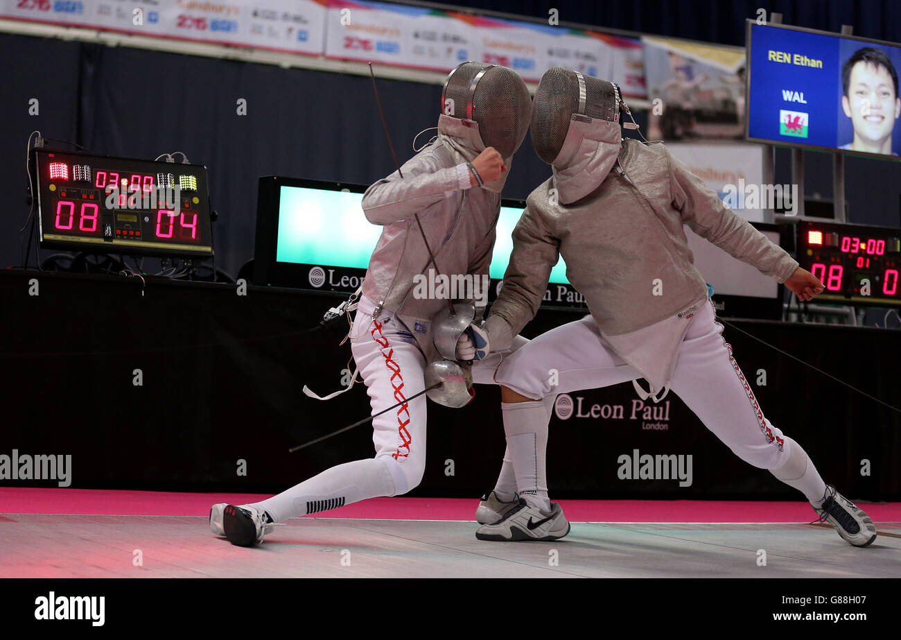 England's Jamie Craze (left) fights Wales' Ethan Ren in the Men's Sabre Final at the Fencing during the Sainsbury's 2015 School Games in Manchester. PRESS ASSOCIATION Photo. Picture date: Saturday September 5, 2015. Photo credit should read: Steven Paston/PA Wire Stock Photo