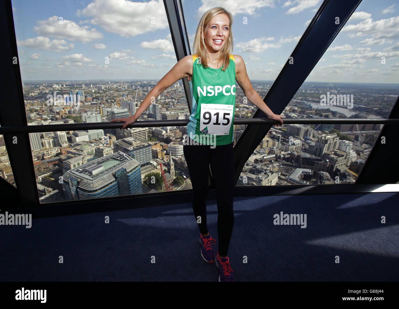 Rachel Riley at the top of the Gherkin building in the City of London ...