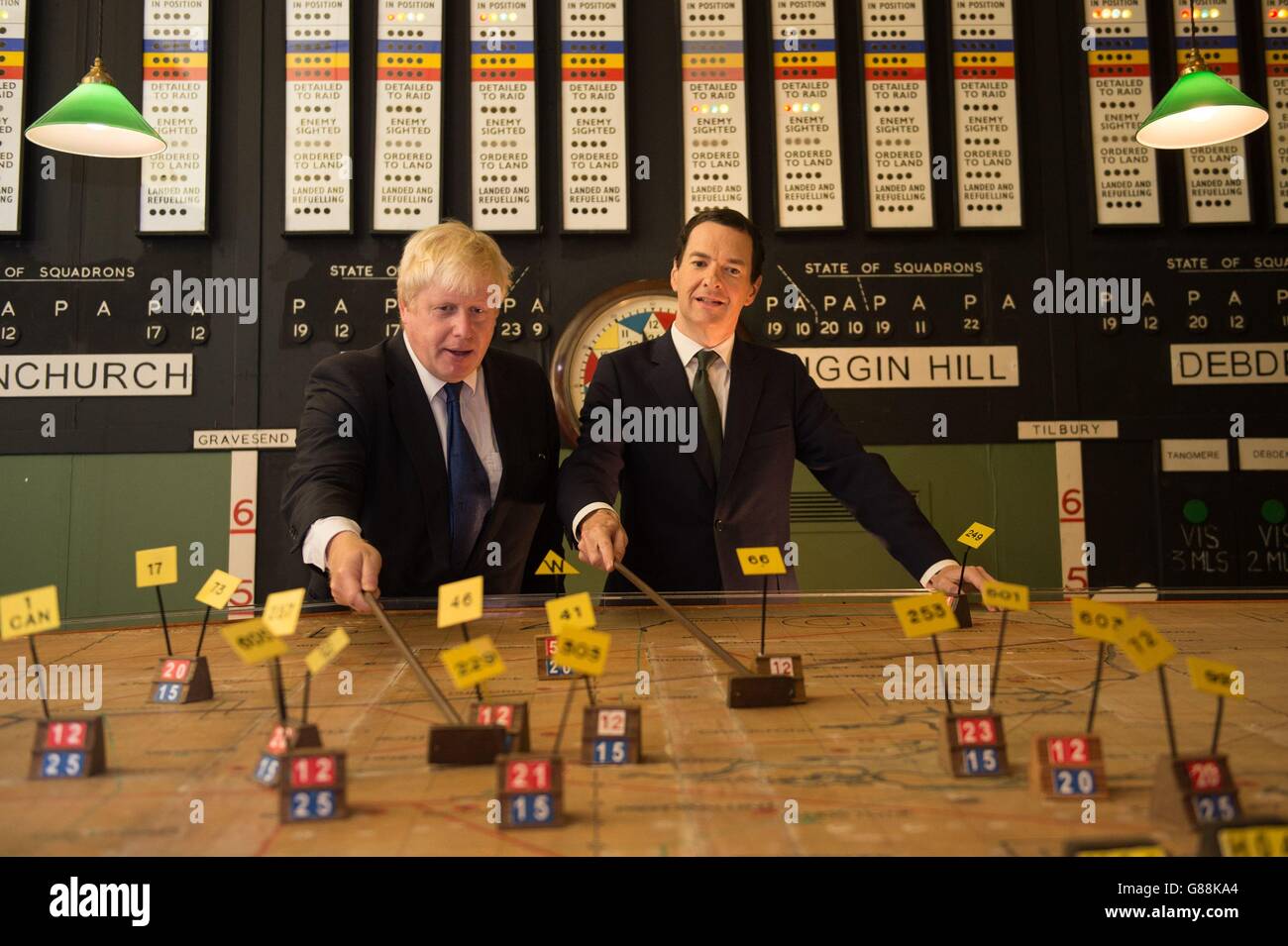 The Mayor of London Boris Johnson (left) and the Chancellor of the Exchequer, George Osborne visit the Battle of Britain Bunker in Uxbridge to see how a new &Acirc;&pound;1m investment, committed in the recent Budget, will help to restore the historic site. Stock Photo