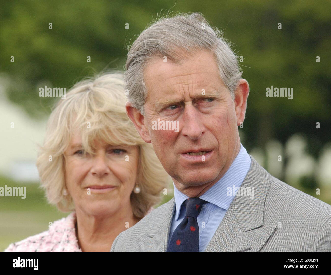 The Prince of Wales and Duchess of Cornwall during their visit to Kemble Airfield in Gloucestershire. A former RAF /UASF base dating back to 1936, it has now made the transition to a busy civilian airfield. Stock Photo