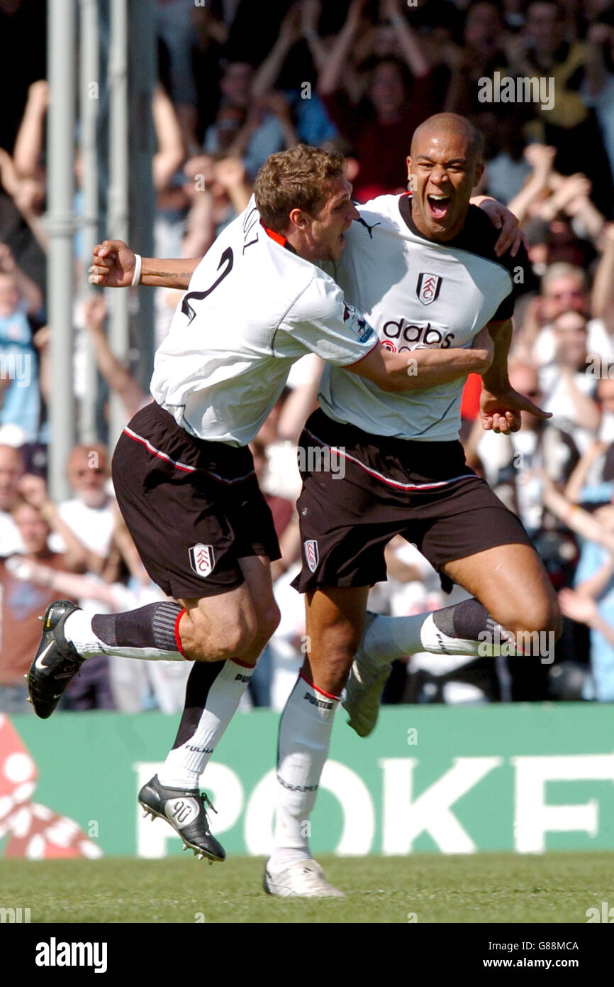Soccer - FA Barclays Premiership - Fulham v Norwich City - Craven Cottage. Fulham's Zat Knight celebrates his goal with team mate Moritz Volz Stock Photo