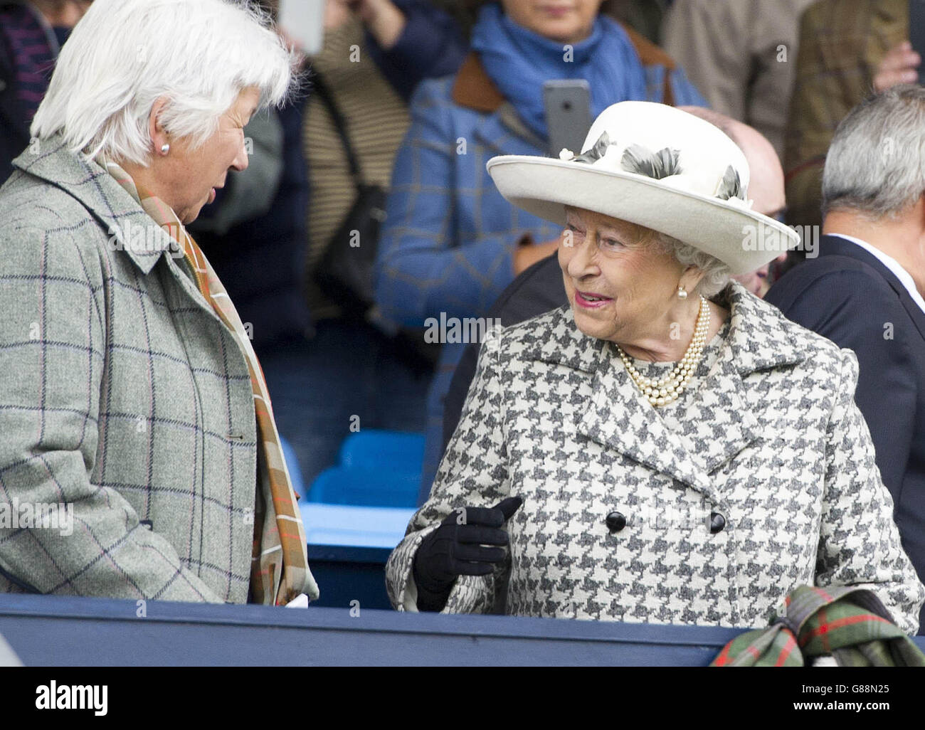 Queen Elizabeth II arrives at the Longines FEI (Federation Equestre Internationale) European Eventing Championship at Blair Castle, Perthshire. Stock Photo