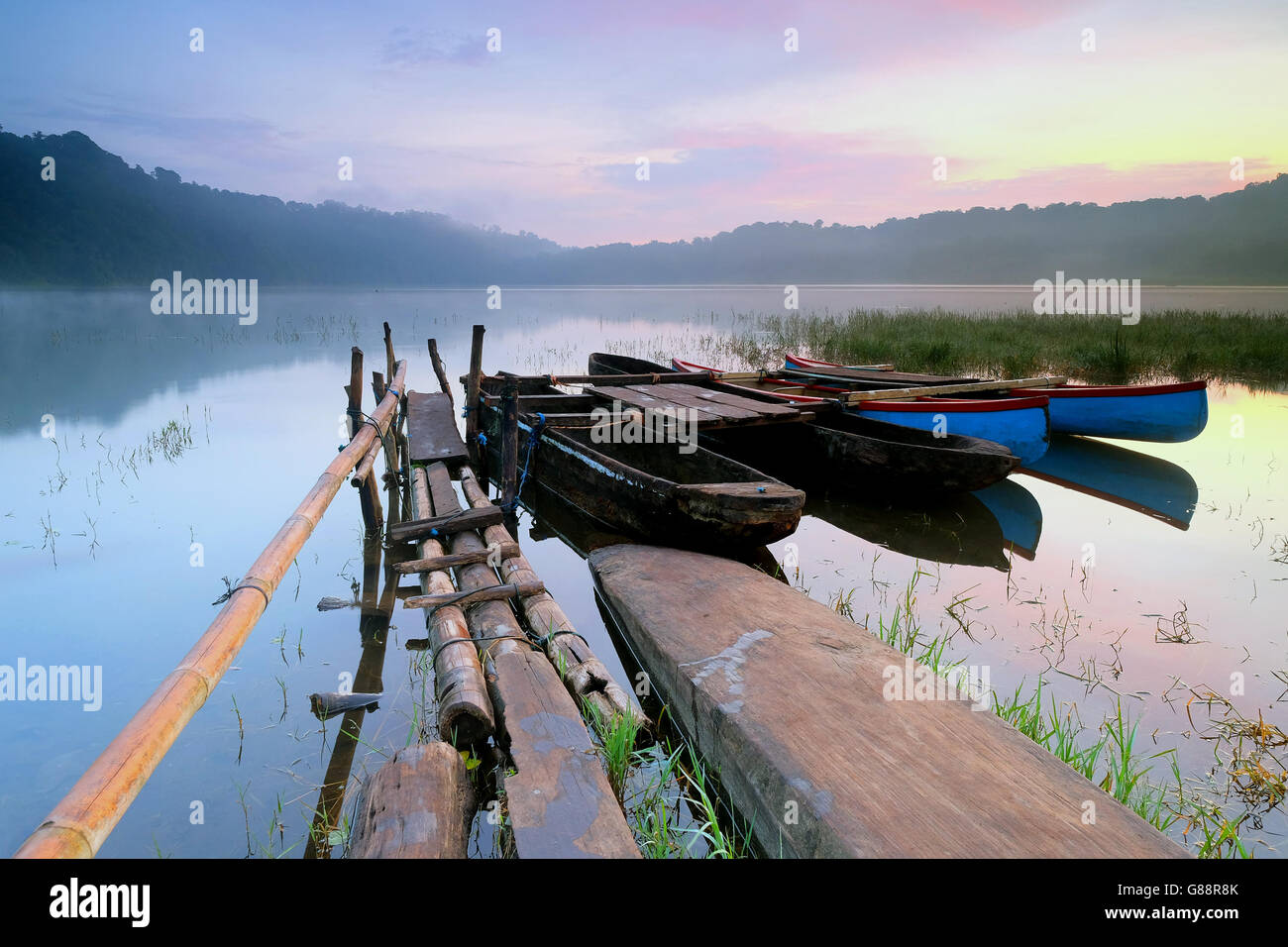 Boats on tamblingan lake, bali, indonesia Stock Photo